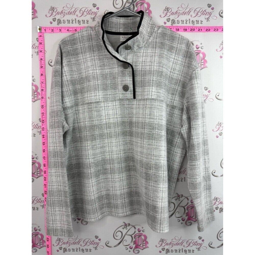 Lavon sweater collared buttons Grey Plaid Button Pullover with Contrast Trim